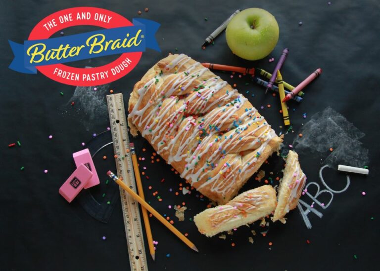 Fundraising Tools - Butter braid pastry on blackboard with school supplies